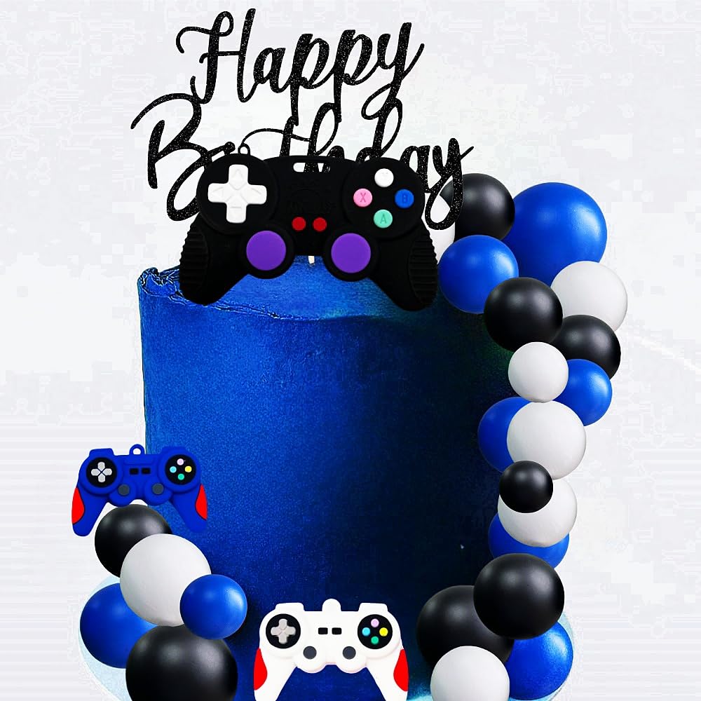 LAST HOE DOWN Video Game Cake Topper – Blue Controller, Balls & Happy Birthday Sign