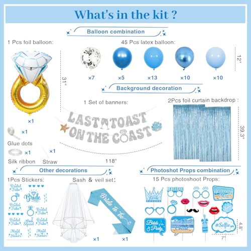 Last Toast on the Coast Bachelorette Party Decorations Kit – Blue Coastal Set with Banner, Balloons, Photo Props