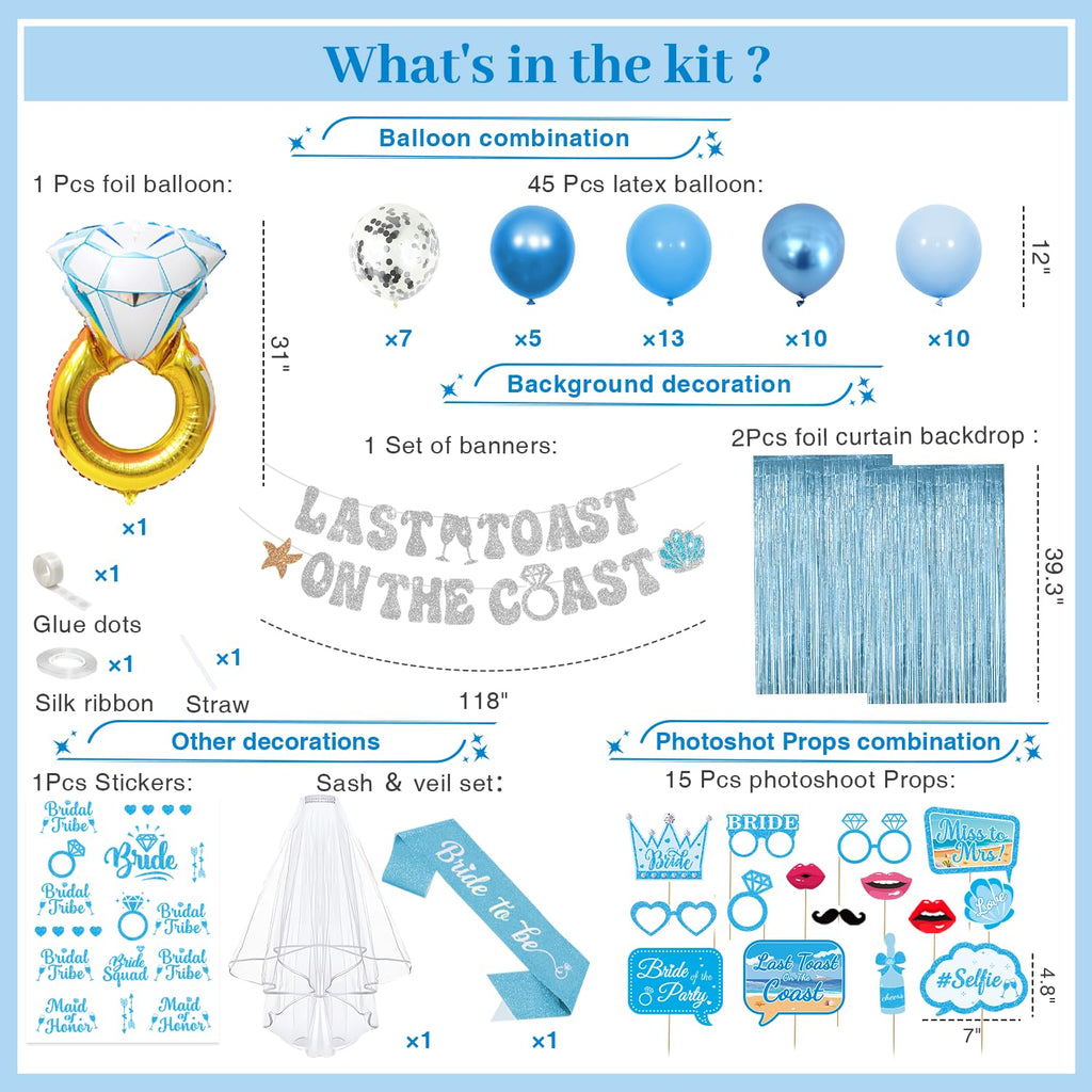 Last Toast on the Coast Bachelorette Party Decorations Kit – Blue Coastal Set with Banner, Balloons, Photo Props