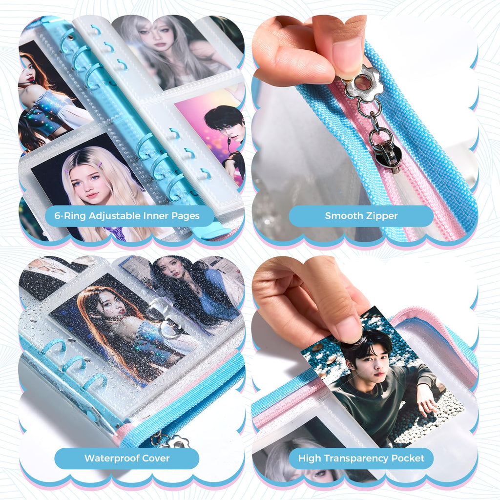 Laveminyx A5 Kpop Photocard Binder - 270 Slots, 50 Pages, Blue Glitter Zippered Album