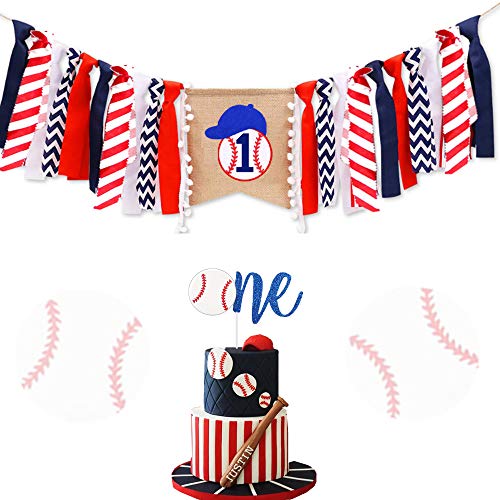 LaVenty Baseball First Birthday Banner Set – 2 Banners & Cake Topper for Baby Boy Party