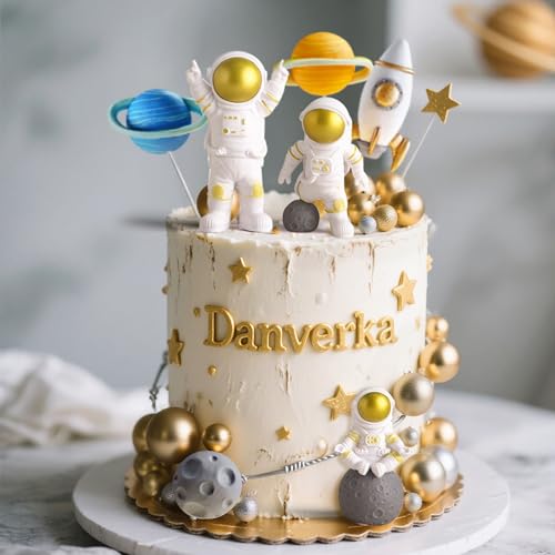 LaVenty Outer Space Cake Toppers – Astronaut, Rocket, and Planet Decorations for Birthday and Baby Shower
