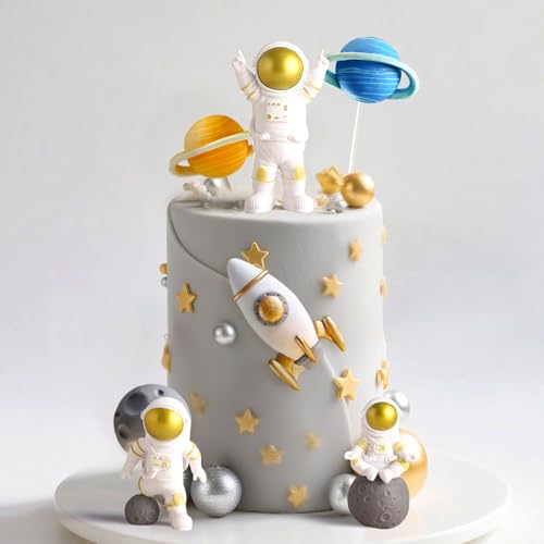 LaVenty Outer Space Cake Toppers – Astronaut, Rocket, and Planet Decorations for Birthday and Baby Shower