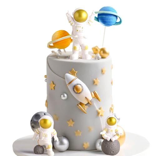 LaVenty Outer Space Cake Toppers – Astronaut, Rocket, and Planet Decorations for Birthday and Baby Shower