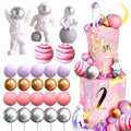 LaVenty Pink Space Cake Toppers – Mini Astronaut Figures and Decorative Balls for Outer Space Theme Parties