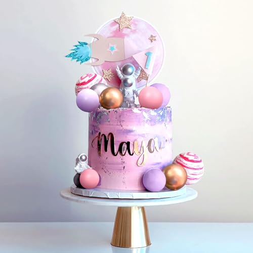 LaVenty Pink Space Cake Toppers – Mini Astronaut Figures and Decorative Balls for Outer Space Theme Parties
