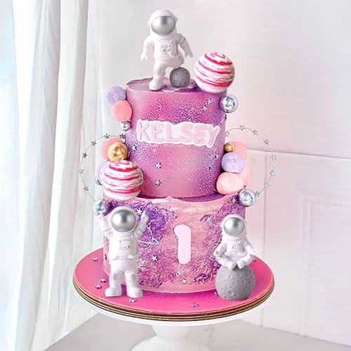 LaVenty Pink Space Cake Toppers – Mini Astronaut Figures and Decorative Balls for Outer Space Theme Parties