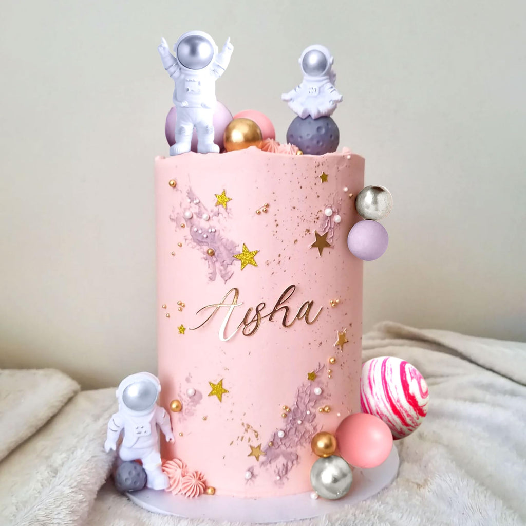 LaVenty Pink Space Cake Toppers – Mini Astronaut Figures and Decorative Balls for Outer Space Theme Parties