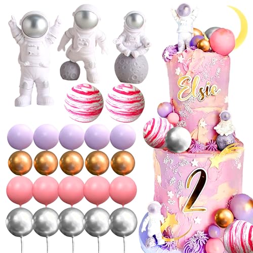 LaVenty Pink Space Cake Toppers – Mini Astronaut Figures and Decorative Balls for Outer Space Theme Parties