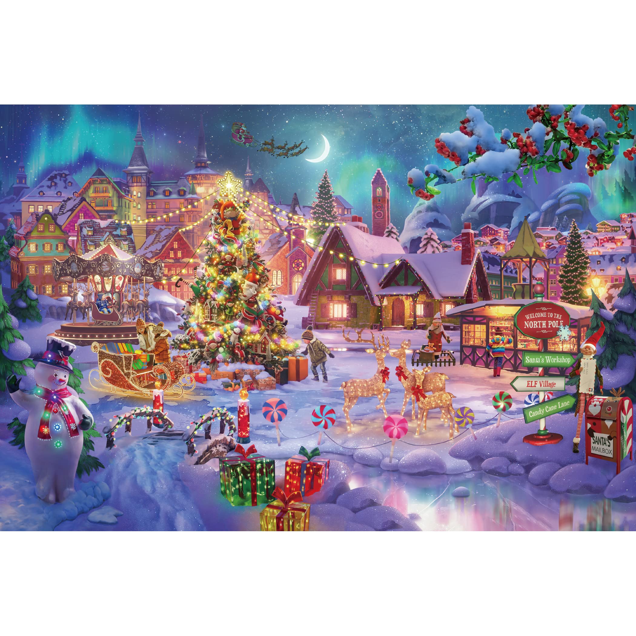 Lavievert 1000-Piece Wooden Jigsaw Puzzle – Christmas Tree, Snowman, Deer & Presents on Snowy Eve