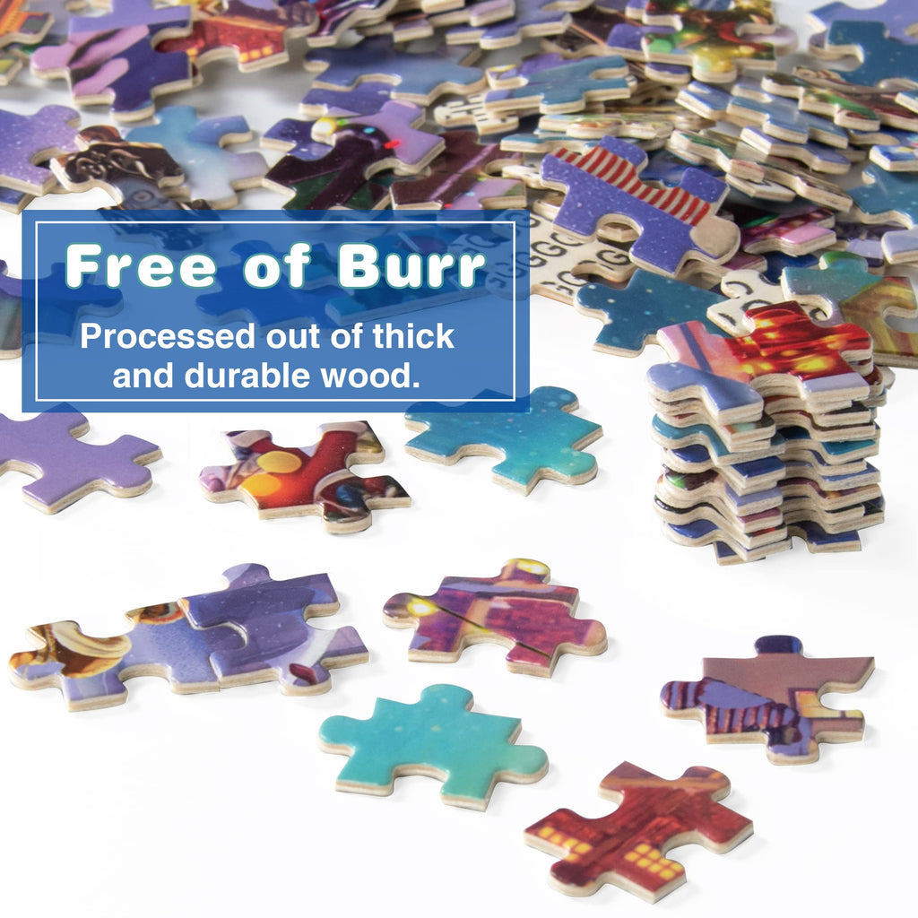 Lavievert 1000-Piece Wooden Jigsaw Puzzle – Christmas Tree, Snowman, Deer & Presents on Snowy Eve