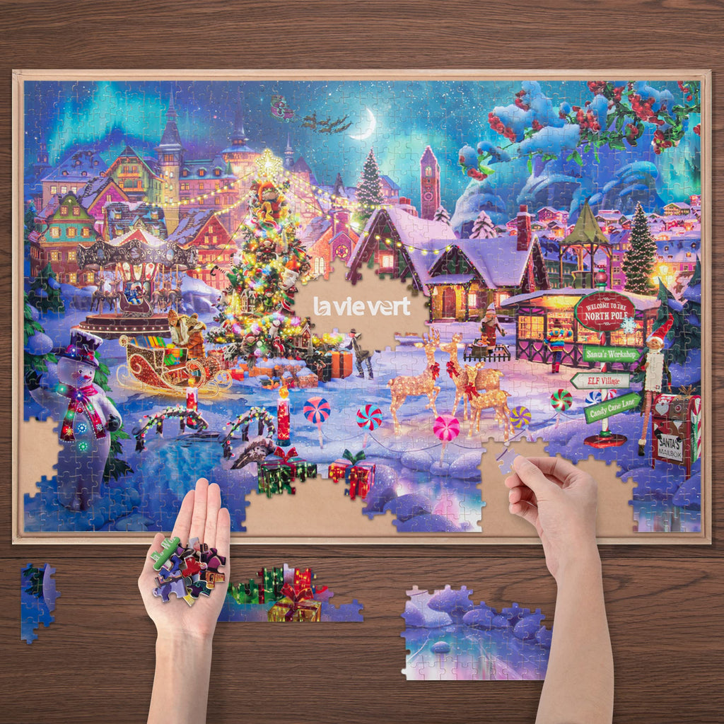 Lavievert 1000-Piece Wooden Jigsaw Puzzle – Christmas Tree, Snowman, Deer & Presents on Snowy Eve