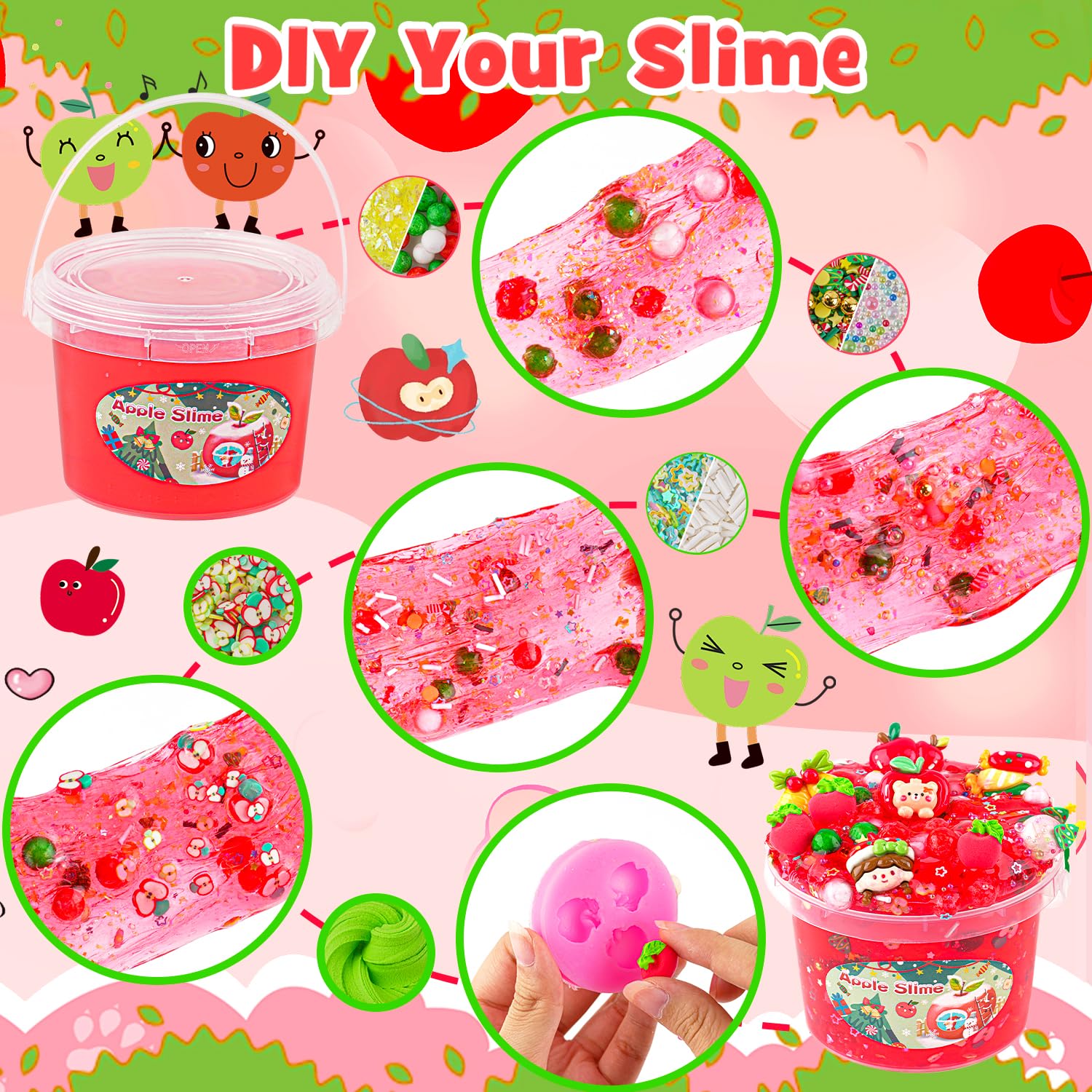 LAWOHO 300ml Apple Clear Slime Kit with Clay and 10 Add-Ins – Non-Stick DIY Slime for Kids Party Favors