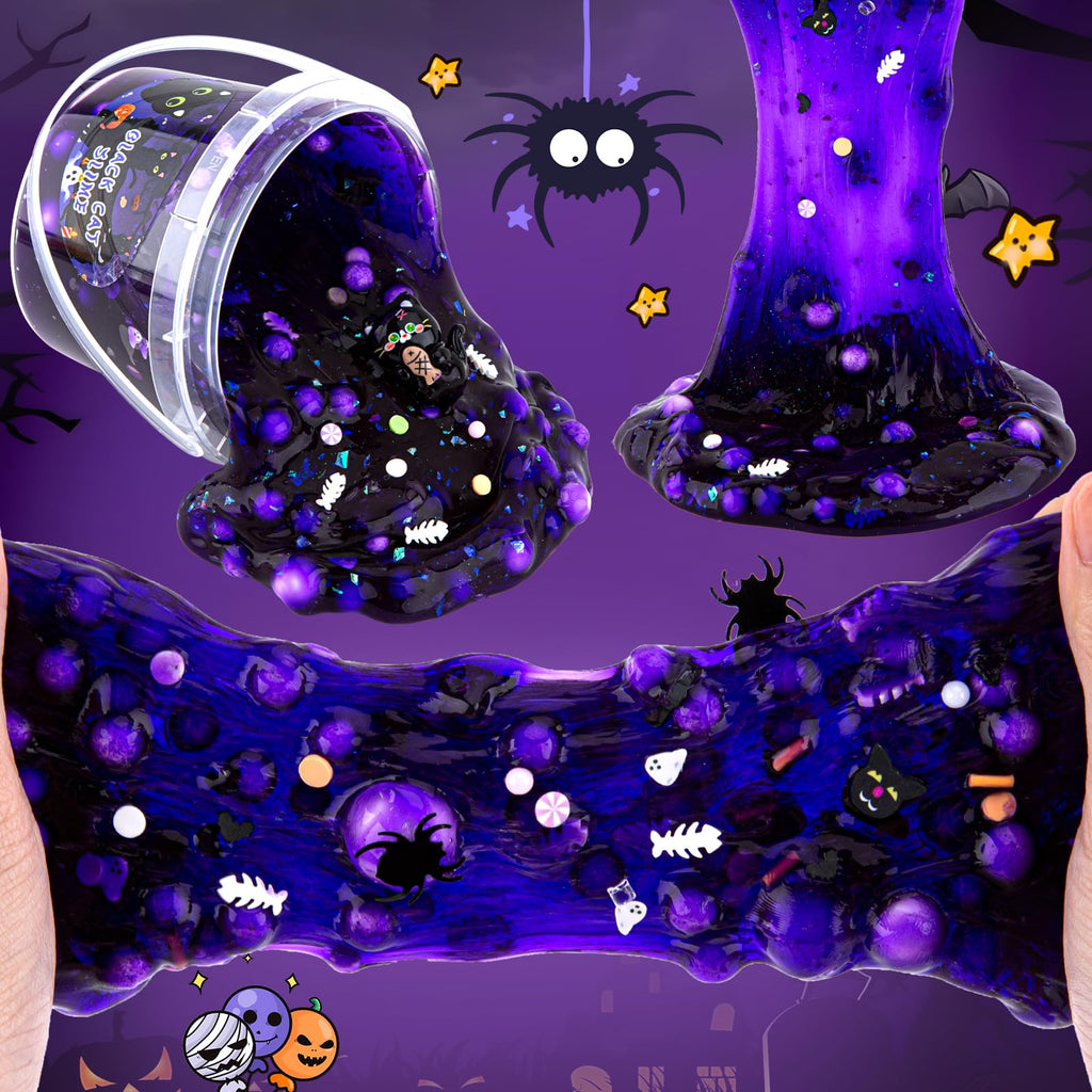 LAWOHO 300ml Black Cat Slime Kit – Dark Purple Clear Slime with Clay, Add-Ins, and Charms for DIY Butter Slime