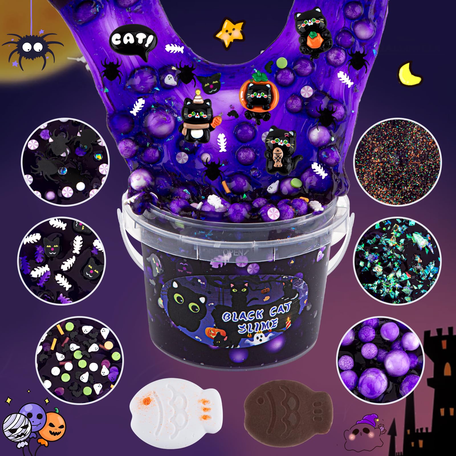 LAWOHO 300ml Black Cat Slime Kit – Dark Purple Clear Slime with Clay, Add-Ins, and Charms for DIY Butter Slime