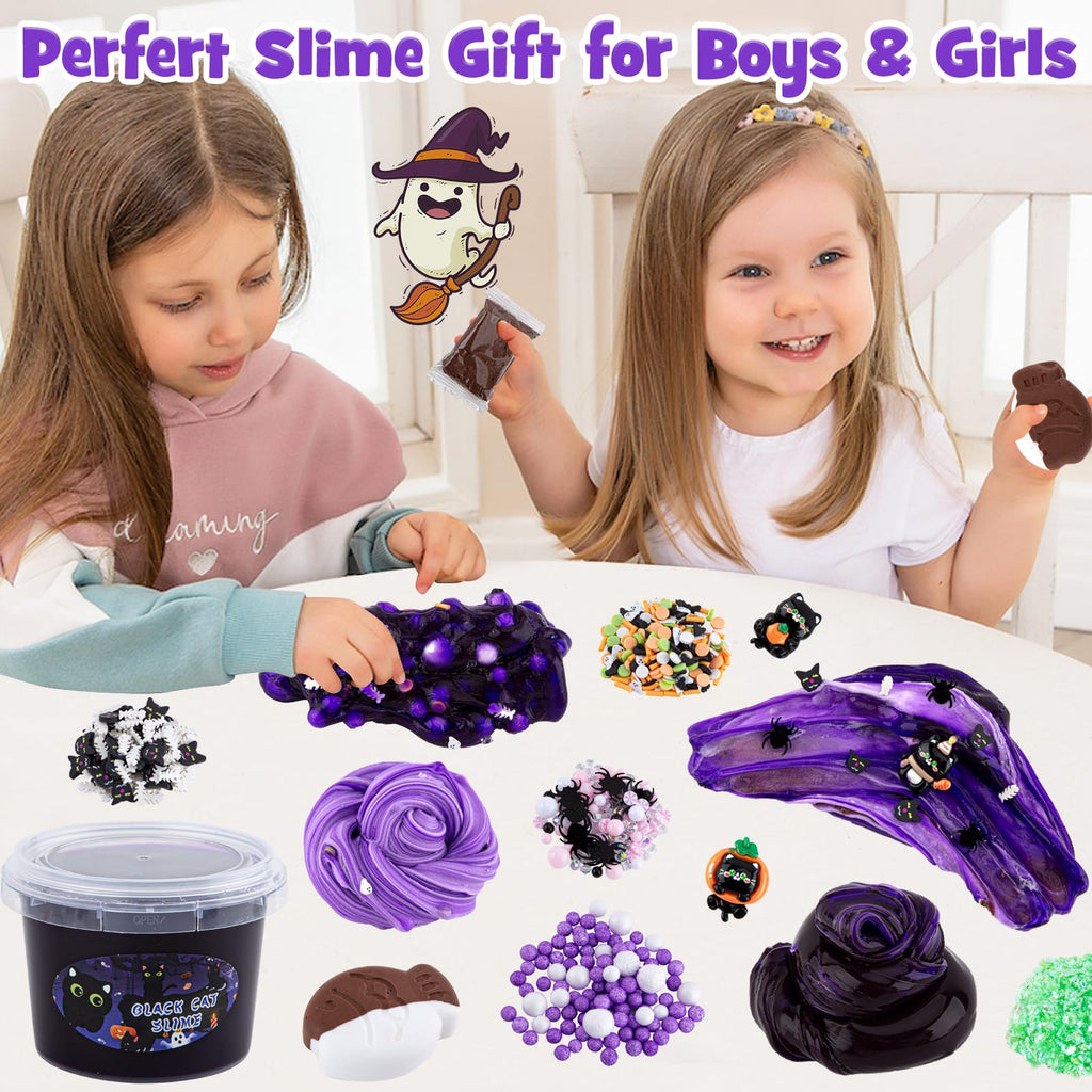 LAWOHO 300ml Black Cat Slime Kit – Dark Purple Clear Slime with Clay, Add-Ins, and Charms for DIY Butter Slime