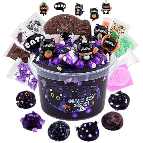 LAWOHO 300ml Black Cat Slime Kit – Dark Purple Clear Slime with Clay, Add-Ins, and Charms for DIY Butter Slime