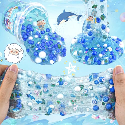 LAWOHO 300ml Ocean Clear Slime Kit with Clay and 11 Add-Ins for Kids