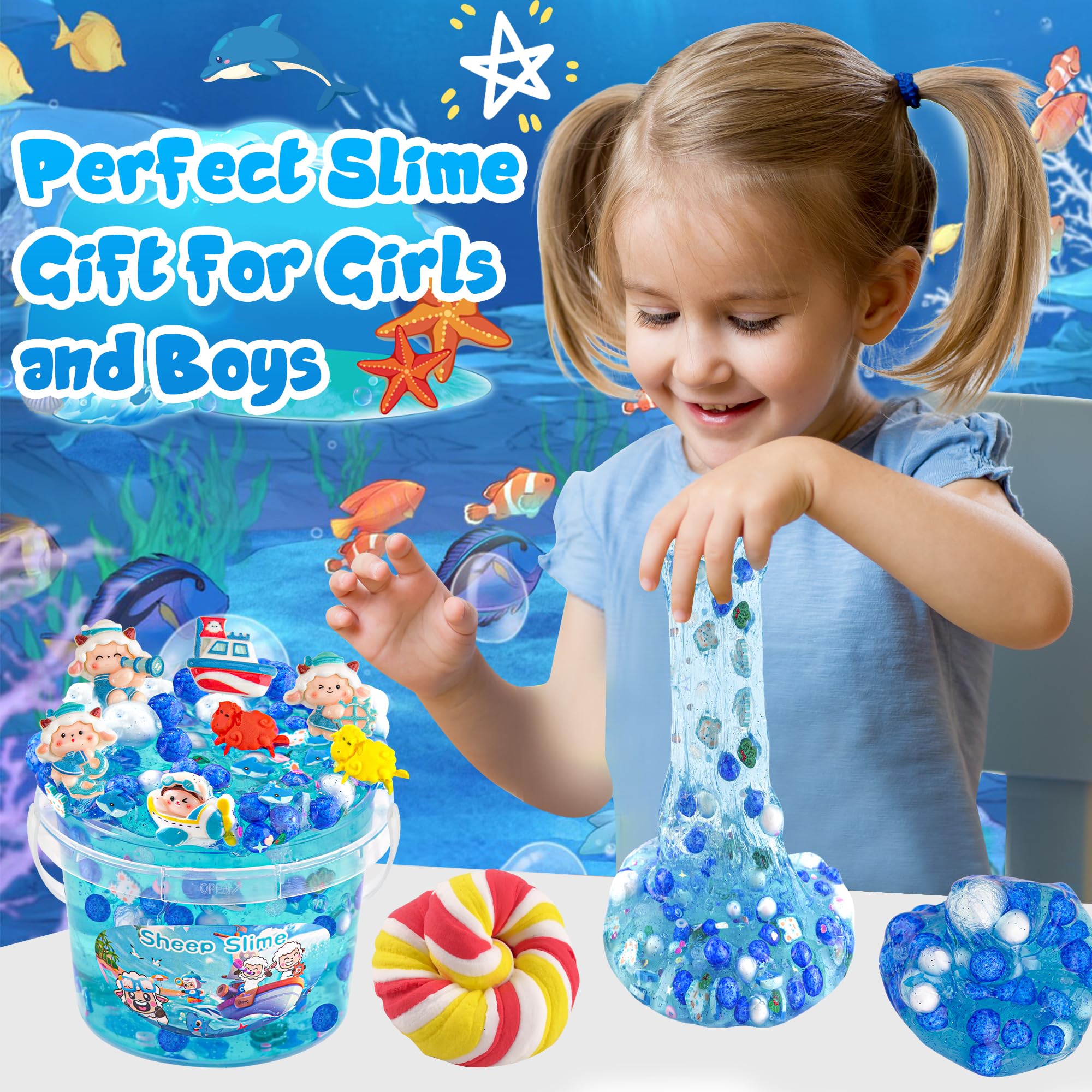 LAWOHO 300ml Ocean Clear Slime Kit with Clay and 11 Add-Ins for Kids