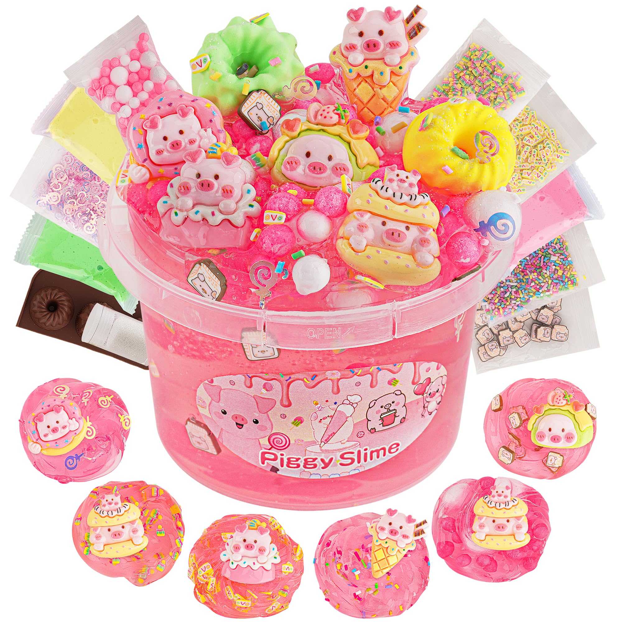 LAWOHO 300ml Piggy Slime Kit with Clay - Red Clear Slime Bucket for Kids with 10 Packs Add-Ins, 5 Charms & Cake Mold - Non-Stick DIY Slime Making Toy for Birthday, Halloween, Christmas, Easter