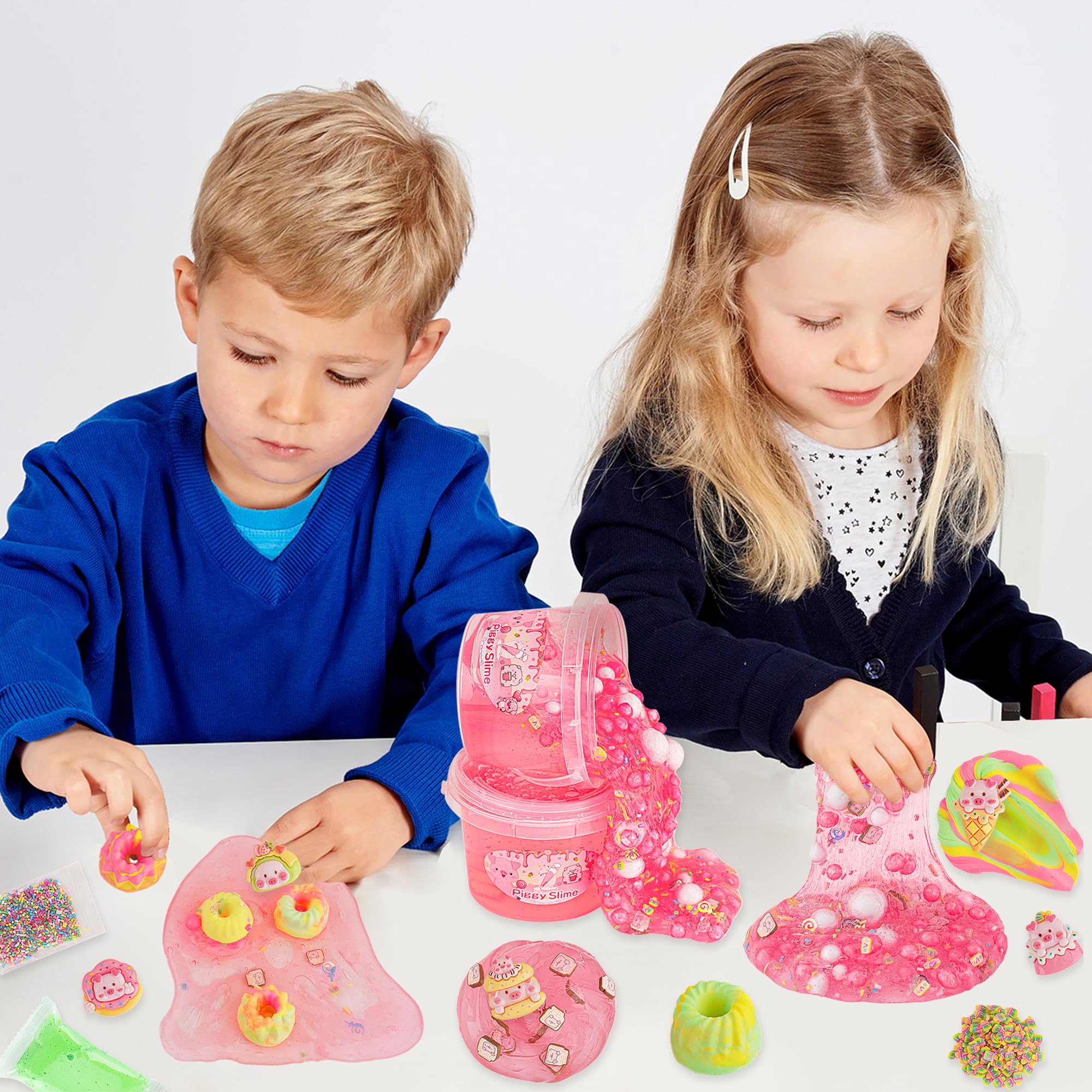 LAWOHO 300ml Piggy Slime Kit with Clay - Red Clear Slime Bucket for Kids with 10 Packs Add-Ins, 5 Charms & Cake Mold - Non-Stick DIY Slime Making Toy for Birthday, Halloween, Christmas, Easter