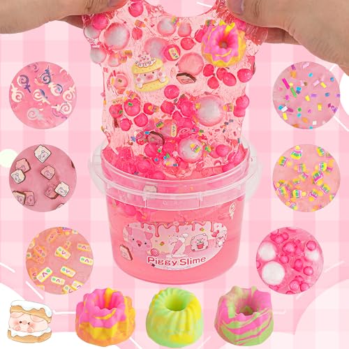 LAWOHO 300ml Piggy Slime Kit with Clay - Red Clear Slime Bucket for Kids with 10 Packs Add-Ins, 5 Charms & Cake Mold - Non-Stick DIY Slime Making Toy for Birthday, Halloween, Christmas, Easter