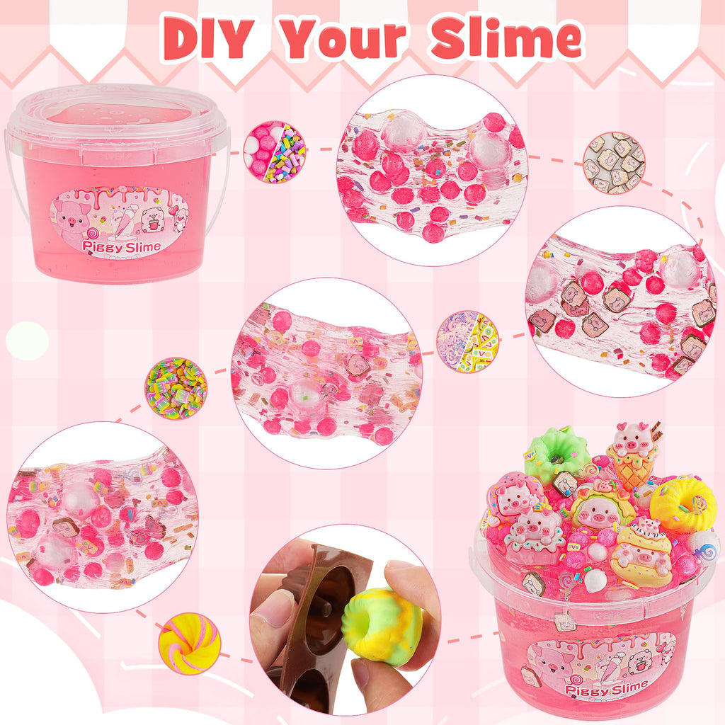 LAWOHO 300ml Piggy Slime Kit with Clay - Red Clear Slime Bucket for Kids with 10 Packs Add-Ins, 5 Charms & Cake Mold - Non-Stick DIY Slime Making Toy for Birthday, Halloween, Christmas, Easter