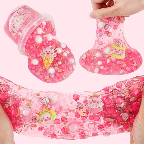 LAWOHO 300ml Piggy Slime Kit with Clay - Red Clear Slime Bucket for Kids with 10 Packs Add-Ins, 5 Charms & Cake Mold - Non-Stick DIY Slime Making Toy for Birthday, Halloween, Christmas, Easter