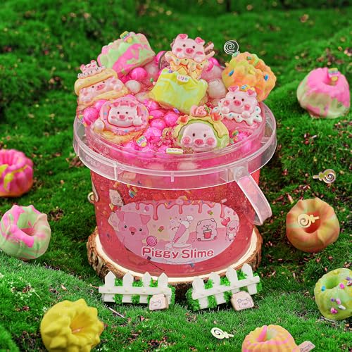 LAWOHO 300ml Piggy Slime Kit with Clay - Red Clear Slime Bucket for Kids with 10 Packs Add-Ins, 5 Charms & Cake Mold - Non-Stick DIY Slime Making Toy for Birthday, Halloween, Christmas, Easter