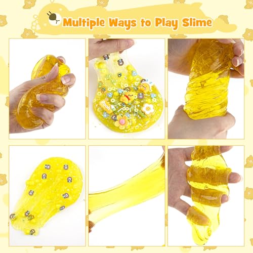 LAWOHO Bear Clear Slime Kit 300ml - Yellow Slime with 9 Add-Ins, Clay & Charms for Kids Ages 8-12