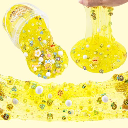 LAWOHO Bear Clear Slime Kit 300ml - Yellow Slime with 9 Add-Ins, Clay & Charms for Kids Ages 8-12