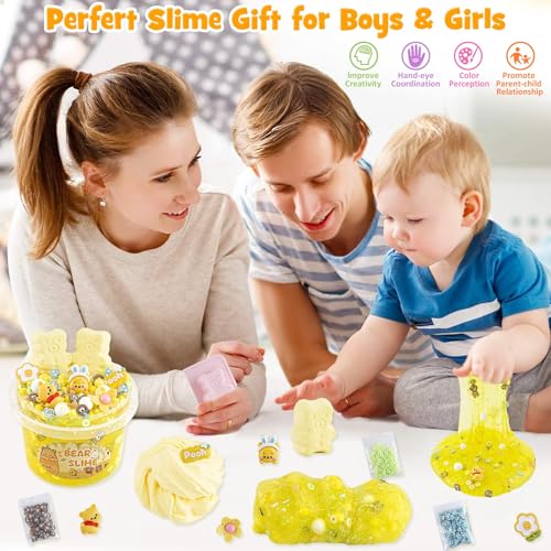 LAWOHO Bear Clear Slime Kit 300ml - Yellow Slime with 9 Add-Ins, Clay & Charms for Kids Ages 8-12