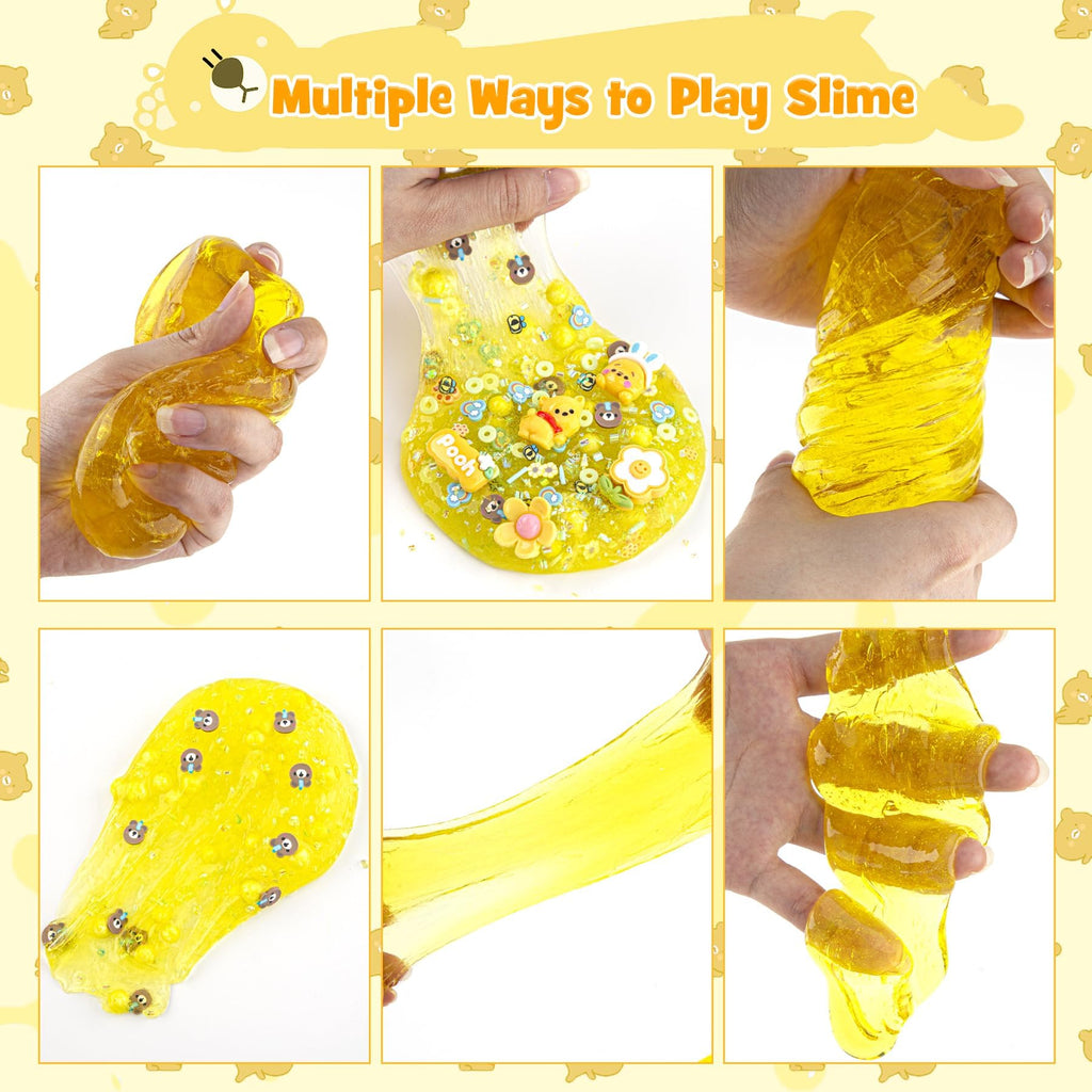 LAWOHO Bear Clear Slime Kit 300ml - Yellow Slime with 9 Add-Ins, Clay & Charms for Kids Ages 8-12