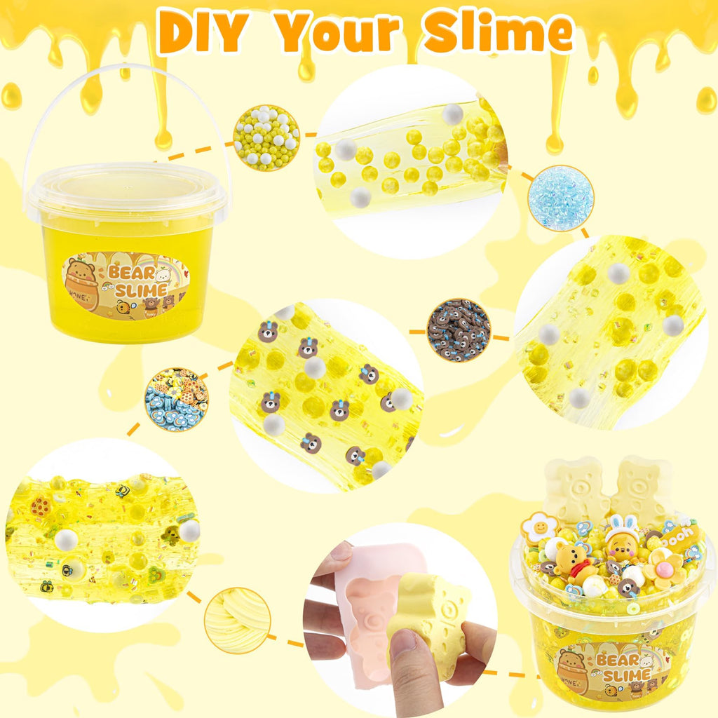 LAWOHO Bear Clear Slime Kit 300ml - Yellow Slime with 9 Add-Ins, Clay & Charms for Kids Ages 8-12