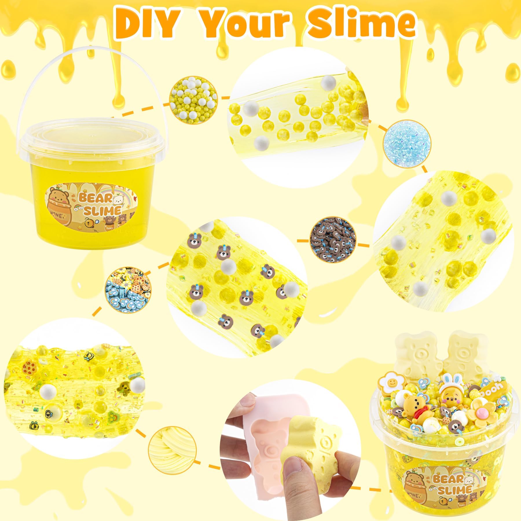 LAWOHO Bear Clear Slime Kit 300ml - Yellow Slime with 9 Add-Ins, Clay & Charms for Kids Ages 8-12