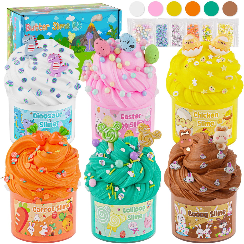 LAWOHO Butter Slime Kit - 6 Prefilled Easter Eggs with 360ml of Non-Stick Slime & Charms
