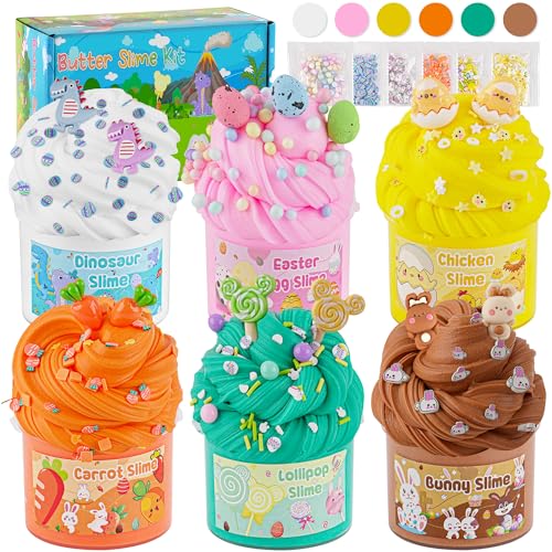 LAWOHO Butter Slime Kit - 6 Prefilled Easter Eggs with 360ml of Non-Stick Slime & Charms