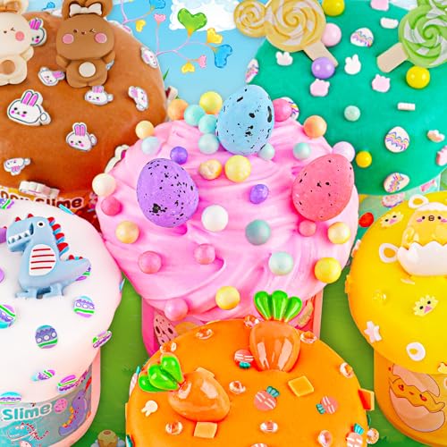 LAWOHO Butter Slime Kit - 6 Prefilled Easter Eggs with 360ml of Non-Stick Slime & Charms