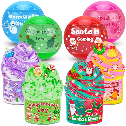 LAWOHO Christmas Slime Kit – 4 Pack Butter Slime Balls with Festive Charms, Non-Toxic Stocking Stuffers for Kids Ages 4+
