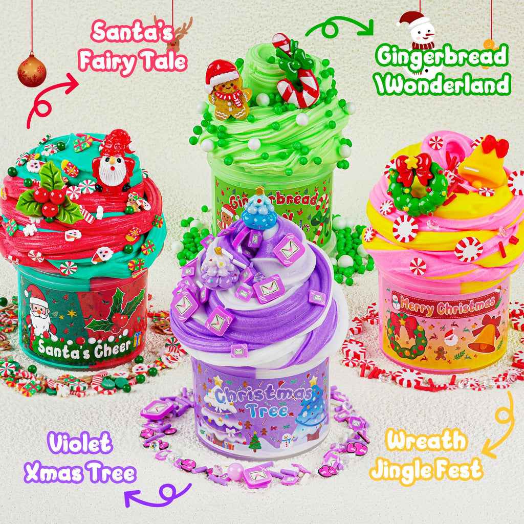 LAWOHO Christmas Slime Kit – 4 Pack Butter Slime Balls with Festive Charms, Non-Toxic Stocking Stuffers for Kids Ages 4+