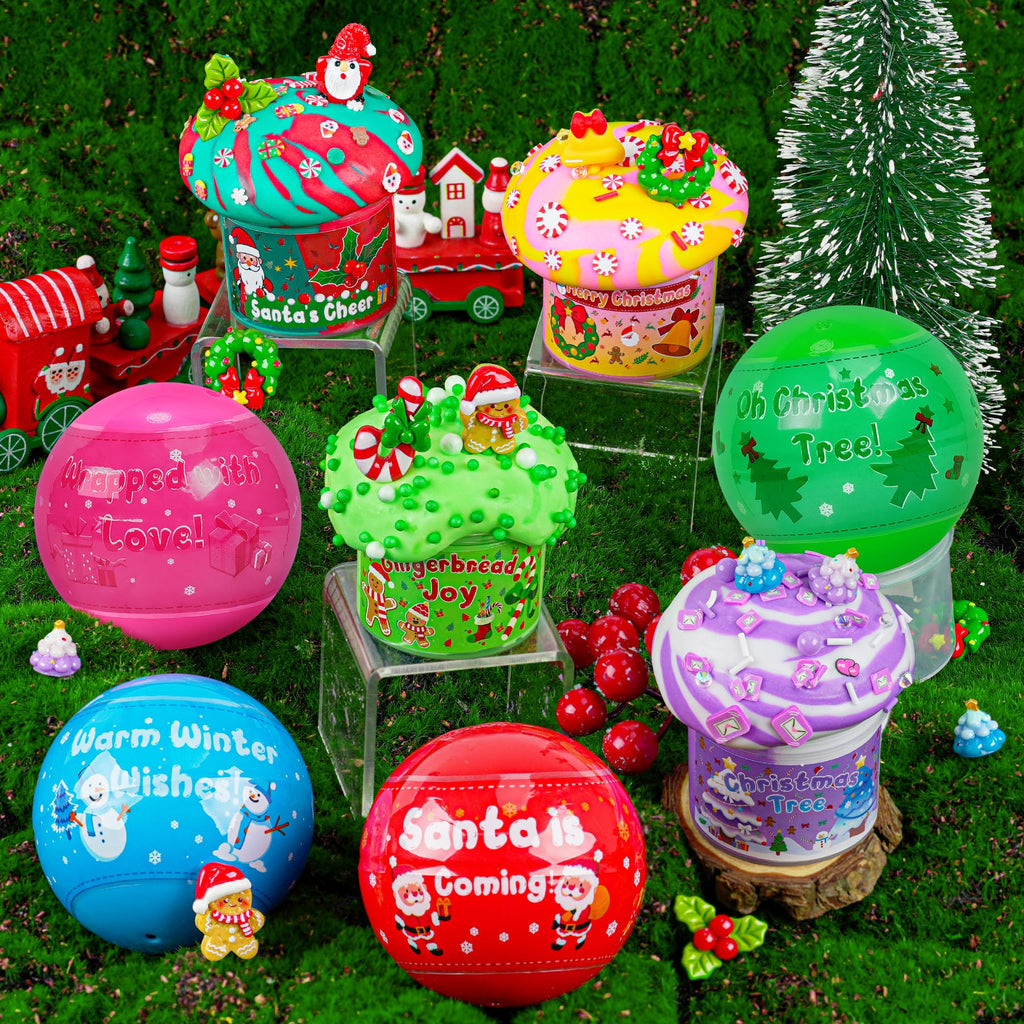 LAWOHO Christmas Slime Kit – 4 Pack Butter Slime Balls with Festive Charms, Non-Toxic Stocking Stuffers for Kids Ages 4+