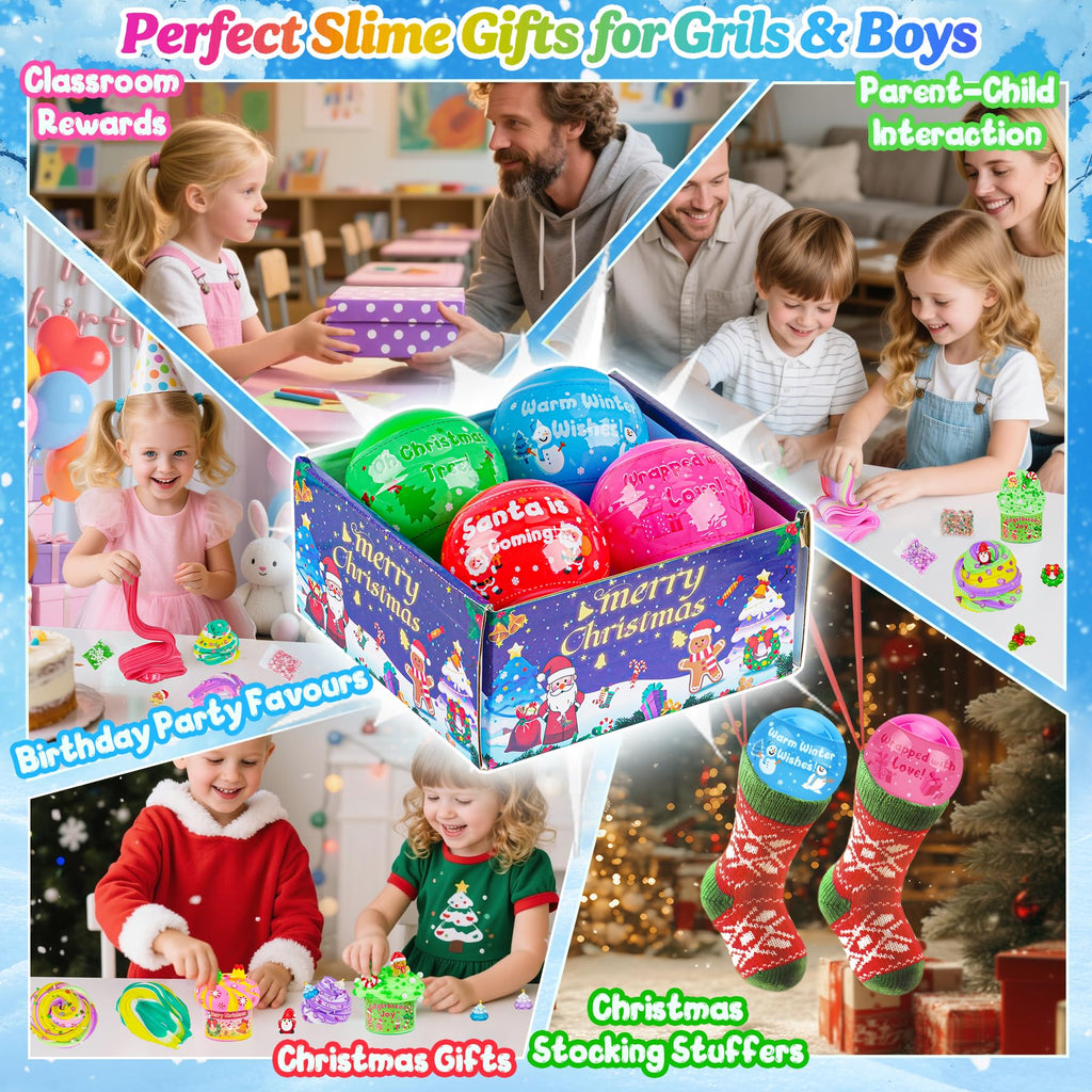 LAWOHO Christmas Slime Kit – 4 Pack Butter Slime Balls with Festive Charms, Non-Toxic Stocking Stuffers for Kids Ages 4+