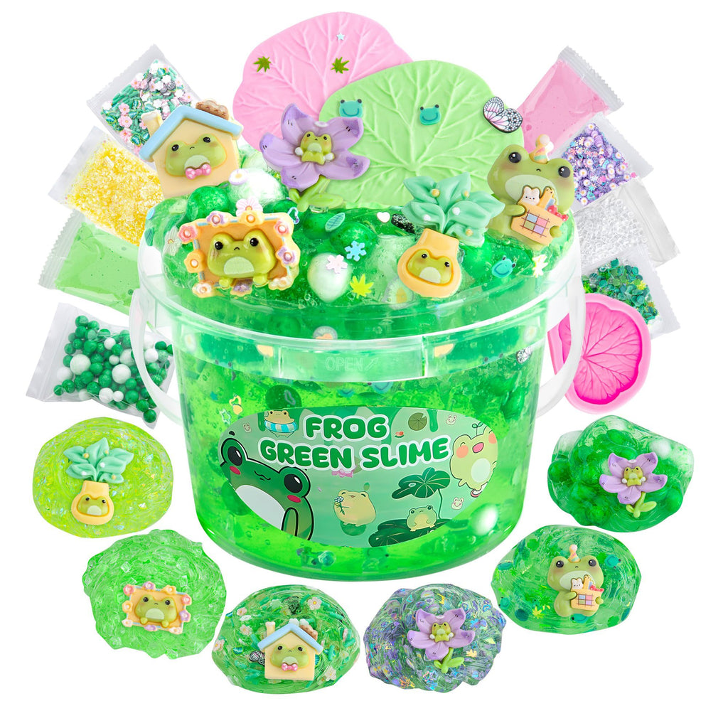LAWOHO Frog Slime Kit – 300ml Green Clear Slime with Clay, Charms & Add-Ins for Kids