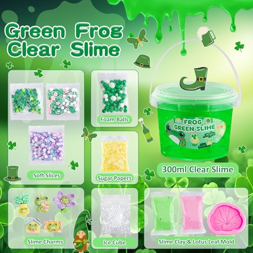 LAWOHO Frog Slime Kit – 300ml Green Clear Slime with Clay, Charms & Add-Ins for Kids