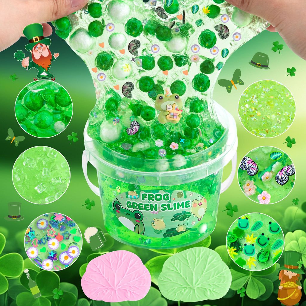 LAWOHO Frog Slime Kit – 300ml Green Clear Slime with Clay, Charms & Add-Ins for Kids