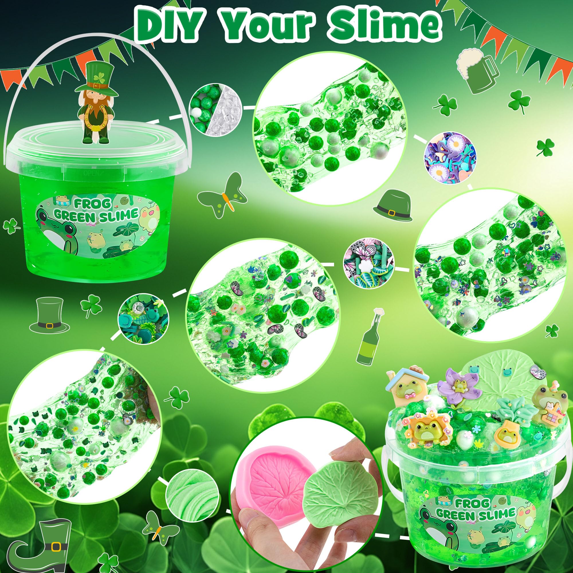LAWOHO Frog Slime Kit – 300ml Green Clear Slime with Clay, Charms & Add-Ins for Kids