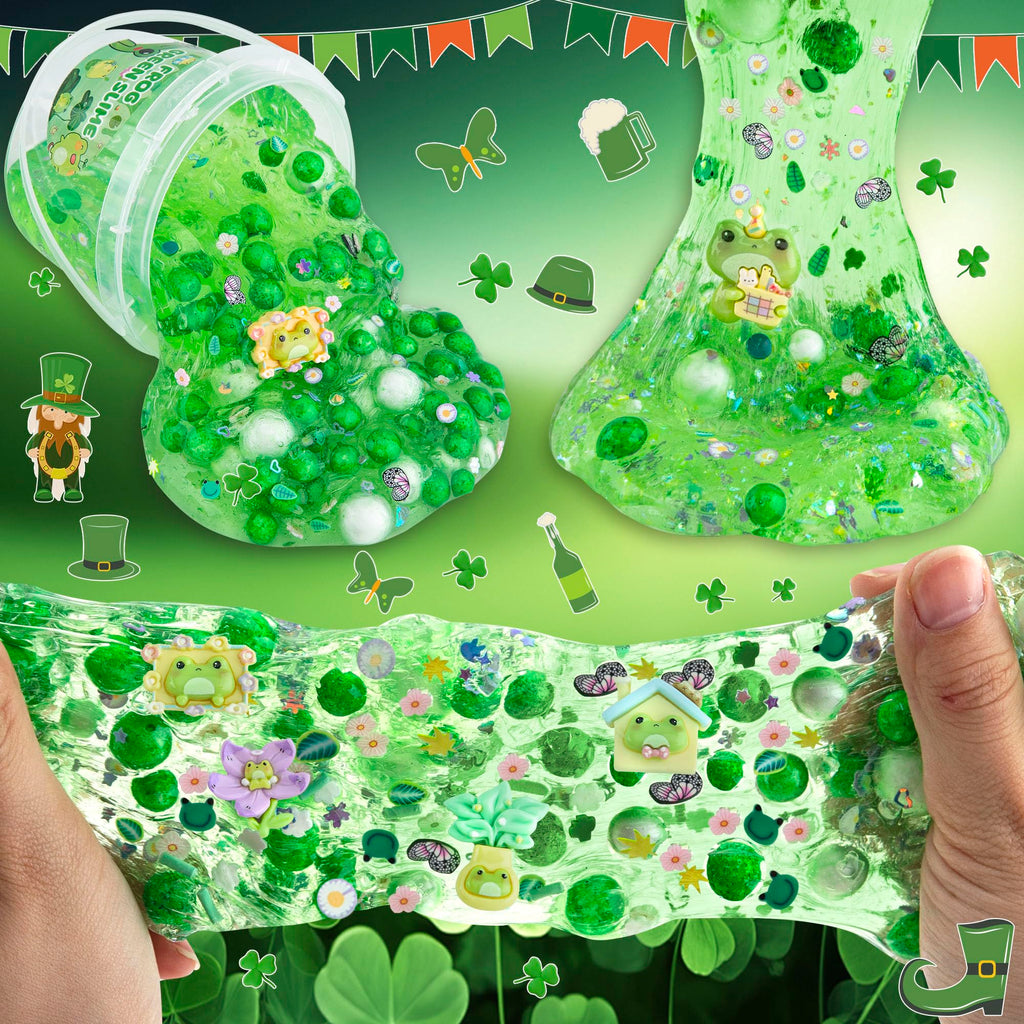 LAWOHO Frog Slime Kit – 300ml Green Clear Slime with Clay, Charms & Add-Ins for Kids