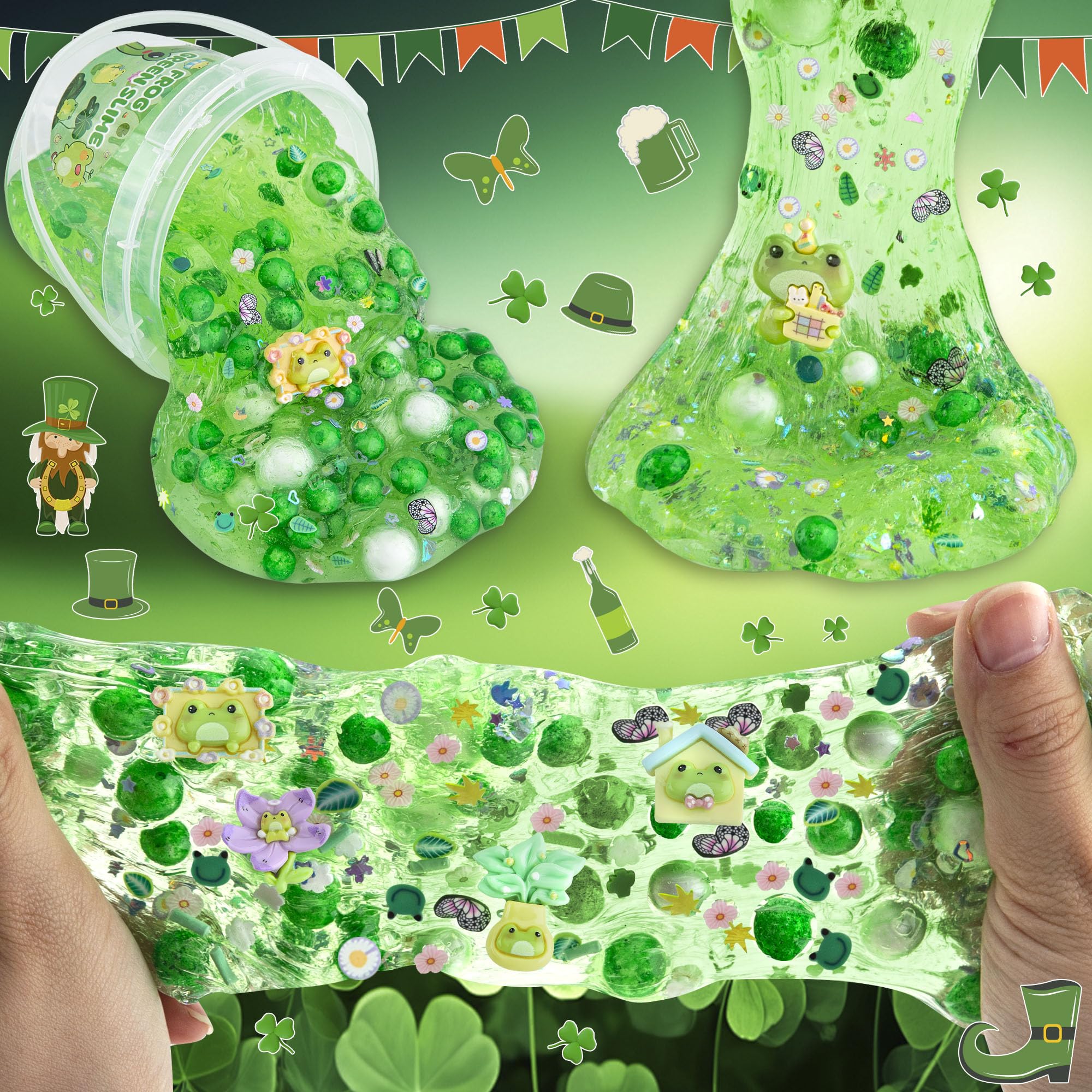 LAWOHO Frog Slime Kit – 300ml Green Clear Slime with Clay, Charms & Add-Ins for Kids