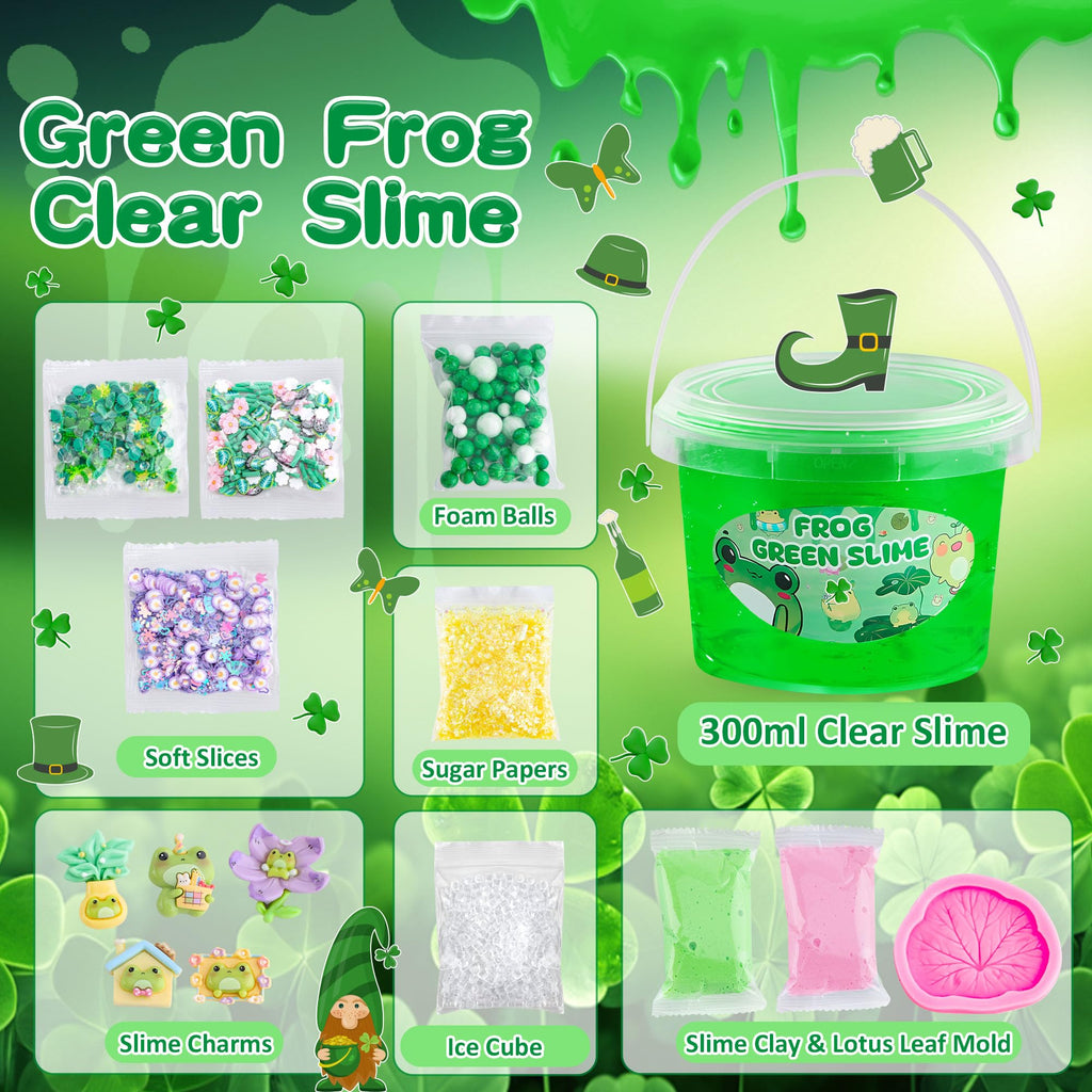 LAWOHO Frog Slime Kit – 300ml Green Clear Slime with Clay, Charms & Add-Ins for Kids