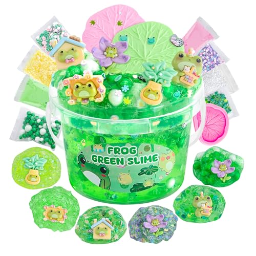 LAWOHO Frog Slime Kit – 300ml Green Clear Slime with Clay, Charms & Add-Ins for Kids